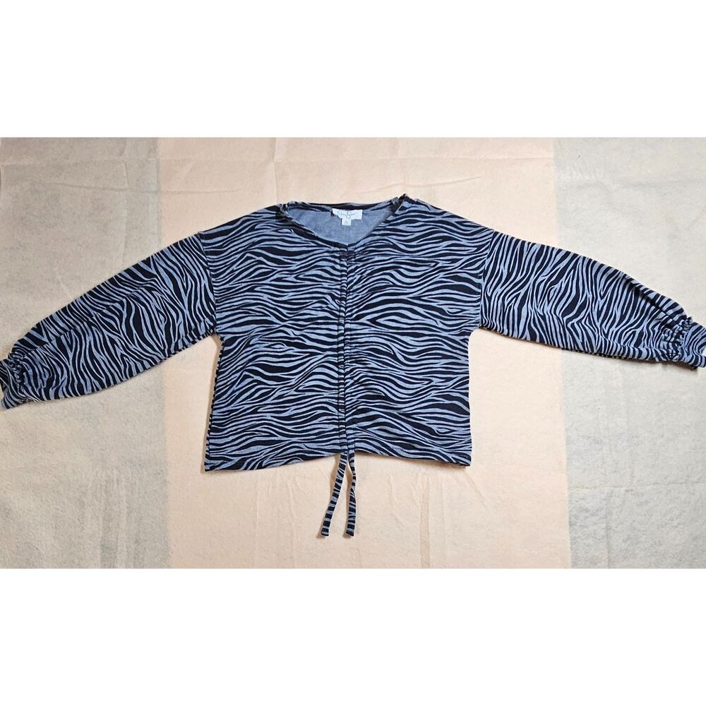 Jessica Simpson Girls Zebra Print Cropped Ruched Long Sleeve Top Black Gray